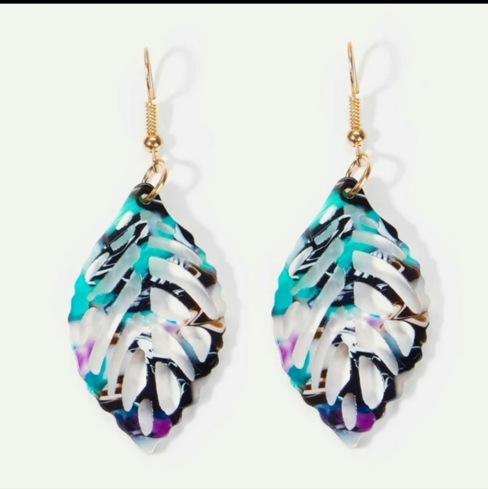 New Marbled Leaf Drop Earrings - Picture 2 of 4